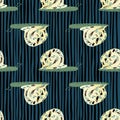 Decorative animal print with snail ornament seamless pattern. Nature simple backdrop with striped navy blue background