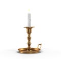 Decorative antique Brass Candleholder with lit white pillar candle. 3D illustration