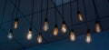 Decorative antique edison style light bulbs against brick wall background