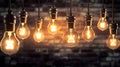 Decorative Antique Edison Style Light Bulbs Against Brick Wall Background for Vintage Lamp Enthusiasts. created with Generative AI Royalty Free Stock Photo