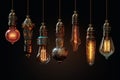 Decorative antique Edison style light bulbs, different shapes of retro lamps on dark 3d background