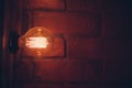 Decorative antique edison style light tungsten bulbs against brick wall background. Royalty Free Stock Photo