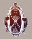 Decorative antique hourglass illustration with skull. Sketch for dotwork tattoo, hipster t-shirt design, vintage style