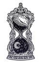 Decorative antique hourglass with stars and moon illustration. Sand clock isolated vector art.
