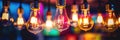 Decorative antique light bulbs in a row with bokeh and colorful style. Generative AI Royalty Free Stock Photo