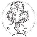 Decorative apple tree with fruits in a clearing. Monochrome illustration. Coloring book, tattoo Royalty Free Stock Photo