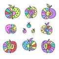 Decorative apples. A set of stickers. Bright color vector illustration isolated on white background.