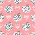 Decorative apples and a striped heart. Cute feminine seamless pattern. Royalty Free Stock Photo