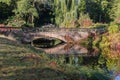 Decorative arched stone footbridge with railing in autumn park