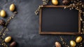Decorative arrangement with Easter eggs and a blank frame on dark textured background Royalty Free Stock Photo