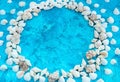 Decorative arrangement of sea shells on a blue background Royalty Free Stock Photo