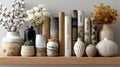 A decorative arrangement on a wooden shelf featuring a collection of books and various ceramic vases Royalty Free Stock Photo