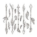 Decorative arrows and feathers set in boho style. Native indian vector ornament