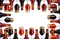 Decorative art frame of beer in bottles and wineglass with foam - lager, red ale, porter - isolated on white background. Royalty Free Stock Photo