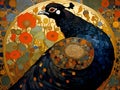 art nouveau illustration of a black grouse in an ornate decorative golden background