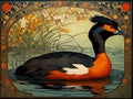 art nouveau illustration of a black necked grebe in an ornate decorative golden background