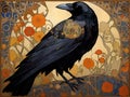art nouveau illustration of a crow in profile in an ornate floral frame background Royalty Free Stock Photo