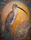 art nouveau illustration of a curlew in an ornate floral nature background