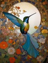 art nouveau illustration of a hummingbird in an ornate decorative floral background