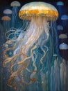 art nouveau illustration of a jellyfish in an ornate blue marine background