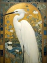 art nouveau illustration of a little Egret in an ornate decorative golden nature background