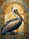 art nouveau illustration of a pelican in an ornate decorative golden background