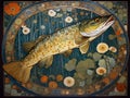 art nouveau illustration of a pike in an ornate decorative underwater background