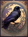 Art nouveau illustration of a raven in profile in an ornate frame background Royalty Free Stock Photo