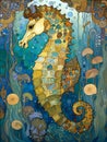 art nouveau illustration of a seahorse in profile in an ornate blue marine background