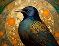 art nouveau illustration of a starling in an ornate decorative golden background Royalty Free Stock Photo