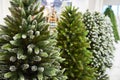 Decorative artificial christmas trees in store