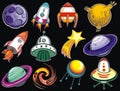 Decorative astronaut, rocket, planets , UFO, satellite collection.Vector illustration.