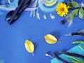 Decorative autumn composition of yellow flowers, leaves, asparagus beans, fruits, colored paper on tinted blue paper