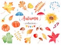 Decorative autumn season attributes watercolor raster illustrations set