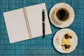 Decorative background coffee, notebook, pen and breackfast