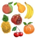 Decorative background with drawings of bright colored juicy tasty exotic fruits on white