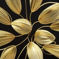 Decorative background with metallic flowers made of filigree gold wire on black Royalty Free Stock Photo