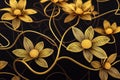 Decorative background with metallic flowers made of filigree gold wire on black Royalty Free Stock Photo