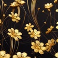 Decorative background with metallic flowers made of filigree gold wire on black Royalty Free Stock Photo