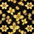 Decorative background with metallic flowers made of filigree gold wire on black Royalty Free Stock Photo