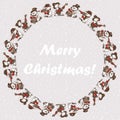 Decorative background with round border from cheerful christmas snowmen musicians