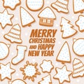 Decorative background of various Christmas gingerbread with inscription Merry Christmas and Happy new year on light background.