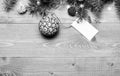 Decorative ball toy and gift tag copy space. Winter and christmas holidays concept. Get ready for christmas. Christmas Royalty Free Stock Photo