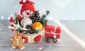 Decorative basket with Christmas decorations, wooden sleigh with gift, orange and gingerbread. Funny and cute Snowman with gifts Royalty Free Stock Photo