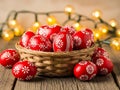Decorative basket of red and white easter eggs Royalty Free Stock Photo