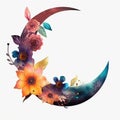 Decorative Beautiful Floral Crescent Moon Element, Eid Mubarak. Generative AI