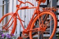 Decorative Bicycle painted in the orange color stands near the stairs and a wooden fence