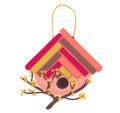 Decorative bird handmade house, home for wildlife character poultry isolated on white, cartoon vector illustration. Cozy