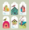 Decorative bird house tag with sign, vector illustration. Tag with nature decoration, colorful animal and tree branch