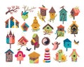 Decorative bird house vector illustration set, cartoon cute birdhouse for flying birds, cute birdbox flat icons isolated Royalty Free Stock Photo